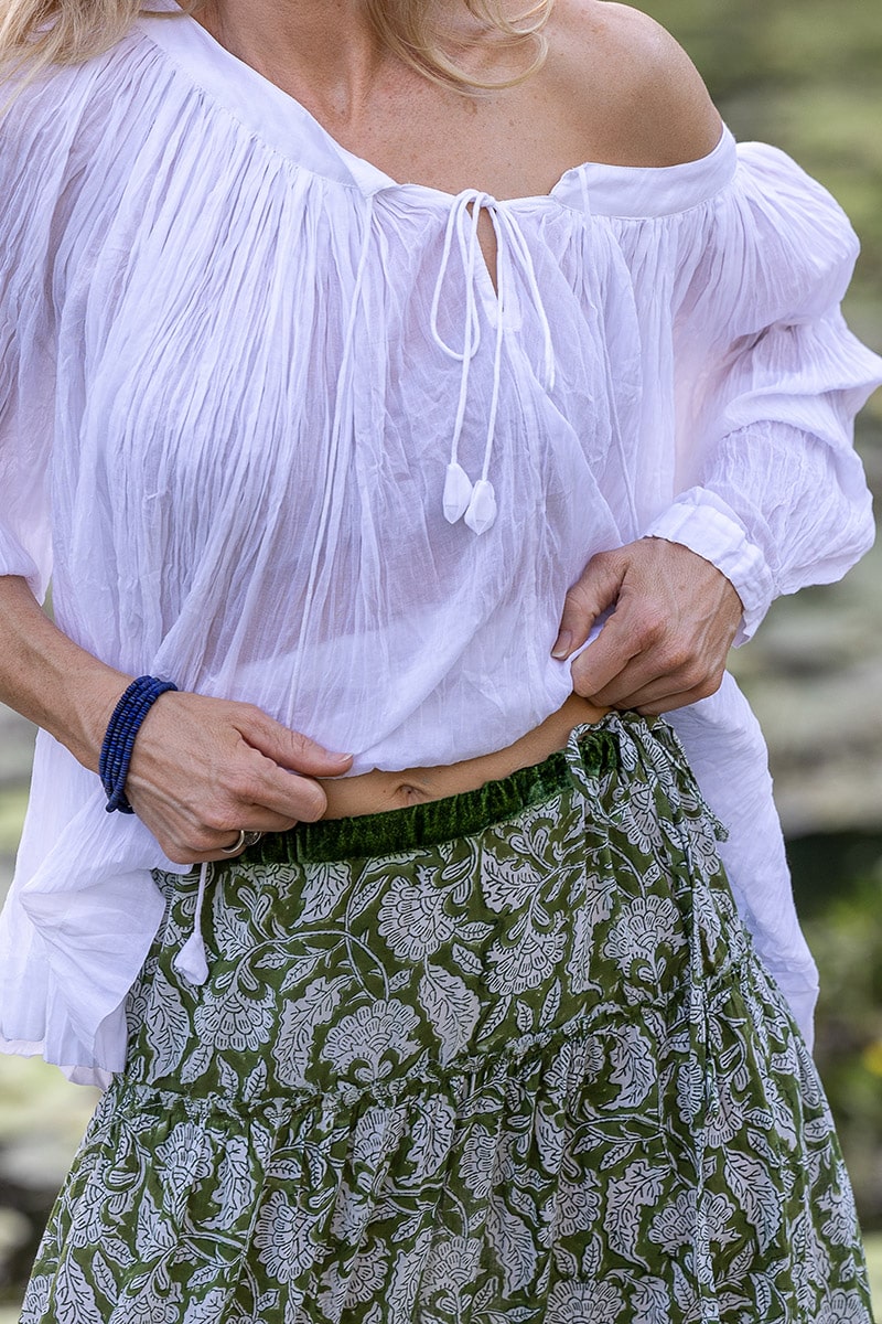 Womens, Ainsley Skirt. 100% cotton, hand block print. Green Floral - Elowen - Heirloom Collection. Dove Blouse - White