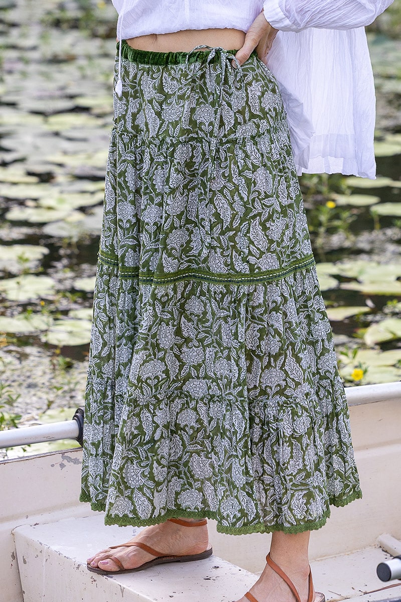 Womens, Ainsley Skirt. 100% cotton, hand block print. Green Floral - Elowen - Heirloom Collection