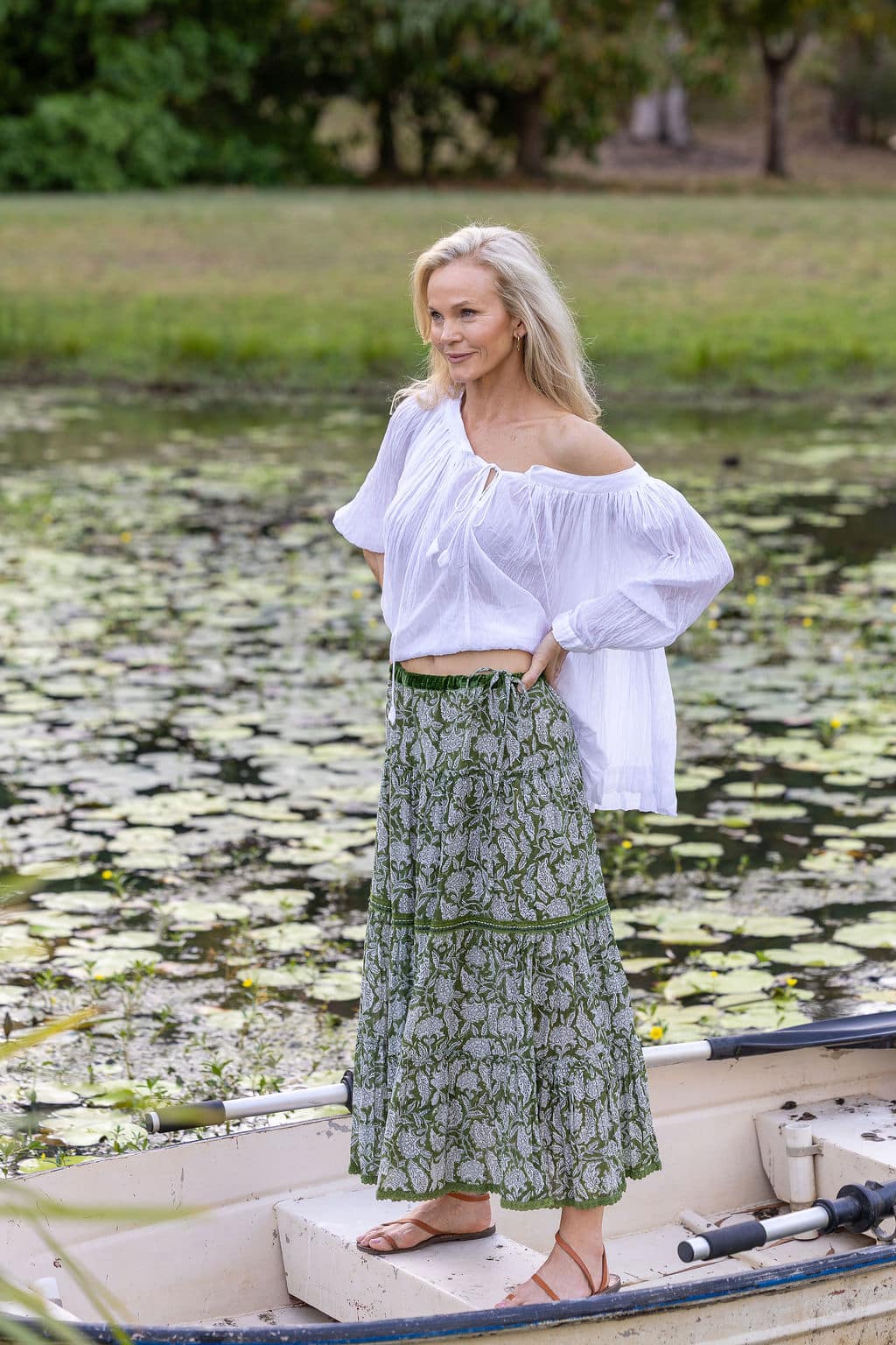 Womens, Ainsley Skirt. 100% cotton, hand block print. Green Floral - Elowen - Heirloom Collection. Dove Blouse - White