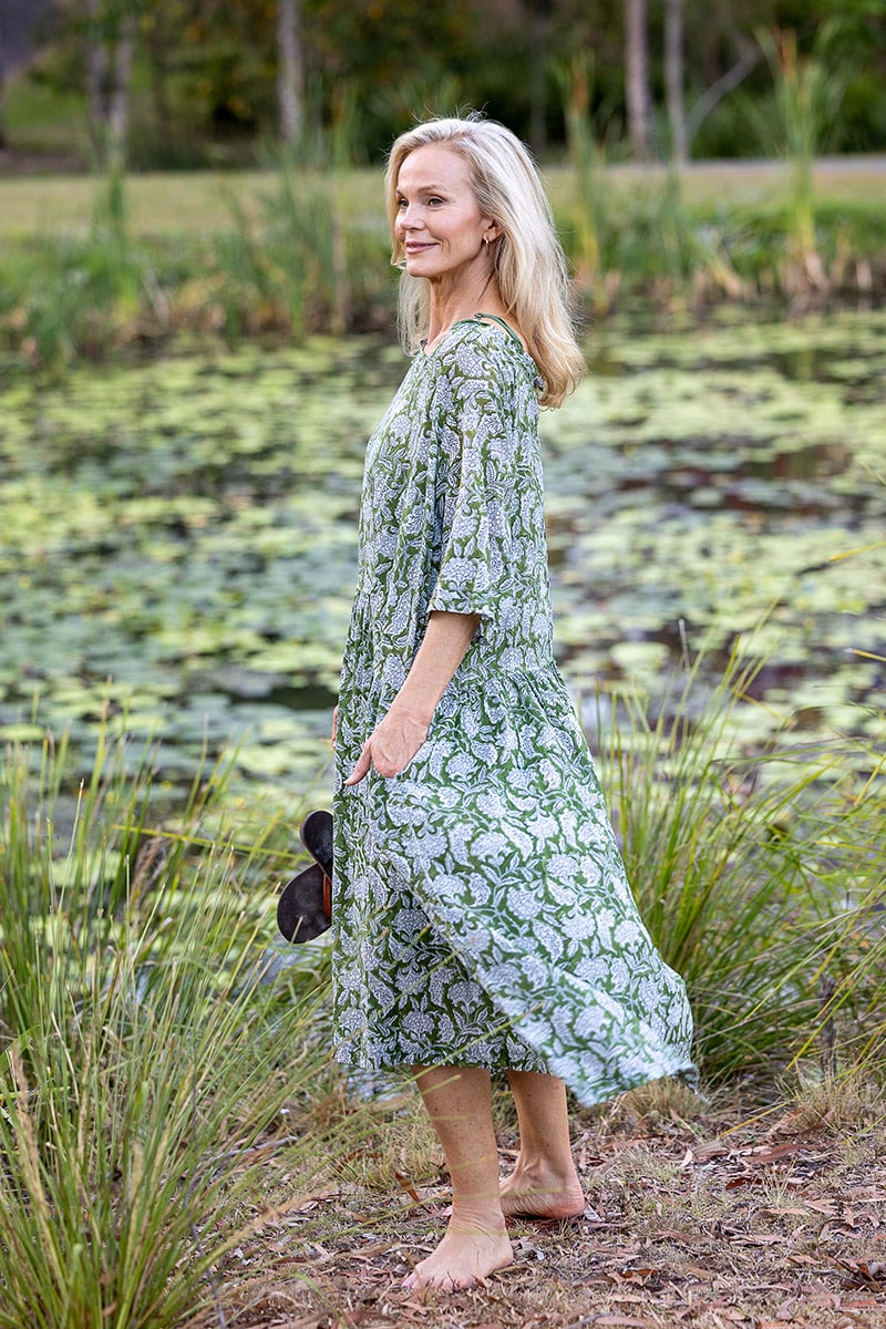 Womens, midi, Clementine dress, 100% Cotton, hand block print. Green Floral - Elowen - Heirloom Collection