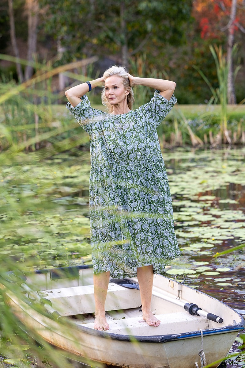 Womens, midi, Clementine dress, 100% Cotton, hand block print. Green Floral - Elowen - Heirloom Collection