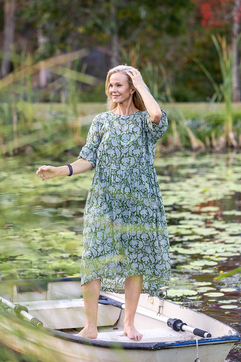 Womens, midi, Clementine dress, 100% Cotton, hand block print. Green Floral - Elowen - Heirloom Collection
