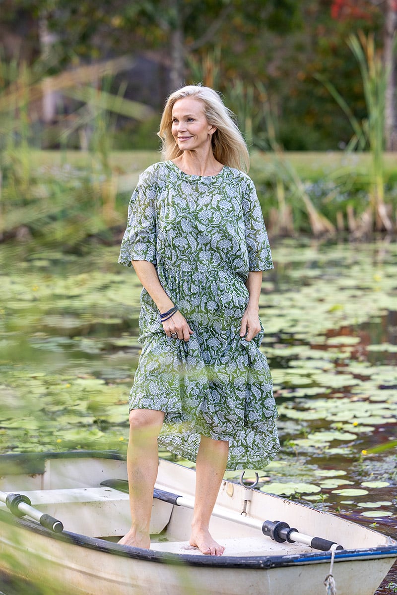 Womens, midi, Clementine dress, 100% Cotton, hand block print. Green Floral - Elowen - Heirloom Collection