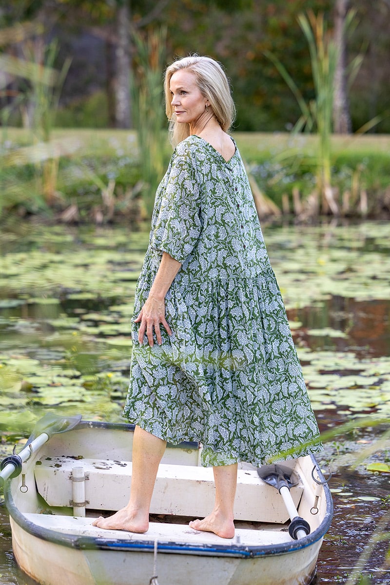 Womens, midi, Clementine dress, 100% Cotton, hand block print. Green Floral - Elowen - Heirloom Collection
