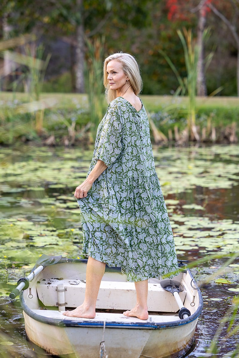 Womens, midi, Clementine dress, 100% Cotton, hand block print. Green Floral - Elowen - Heirloom Collection