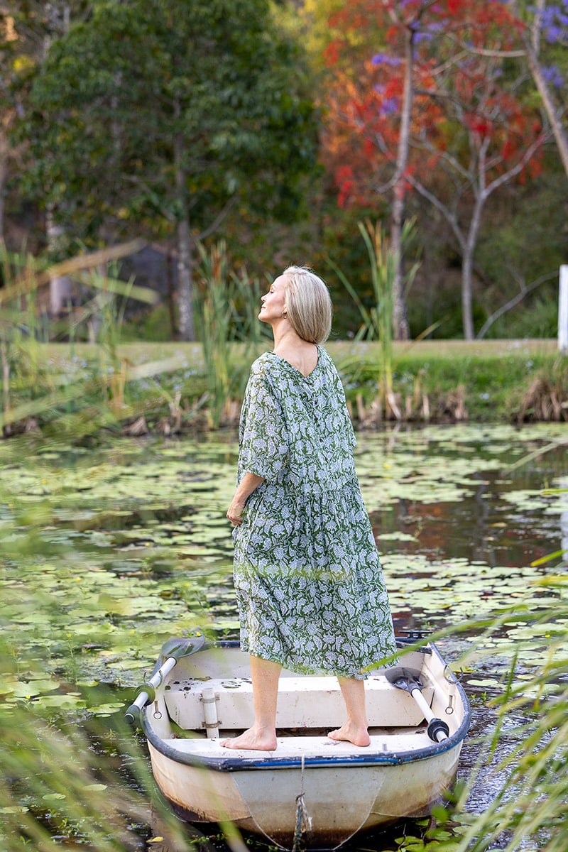 Womens, midi, Clementine dress, 100% Cotton, hand block print. Green Floral - Elowen - Heirloom Collection