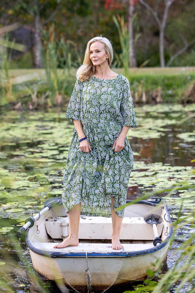 Womens, midi, Clementine dress, 100% Cotton, hand block print. Green Floral - Elowen - Heirloom Collection
