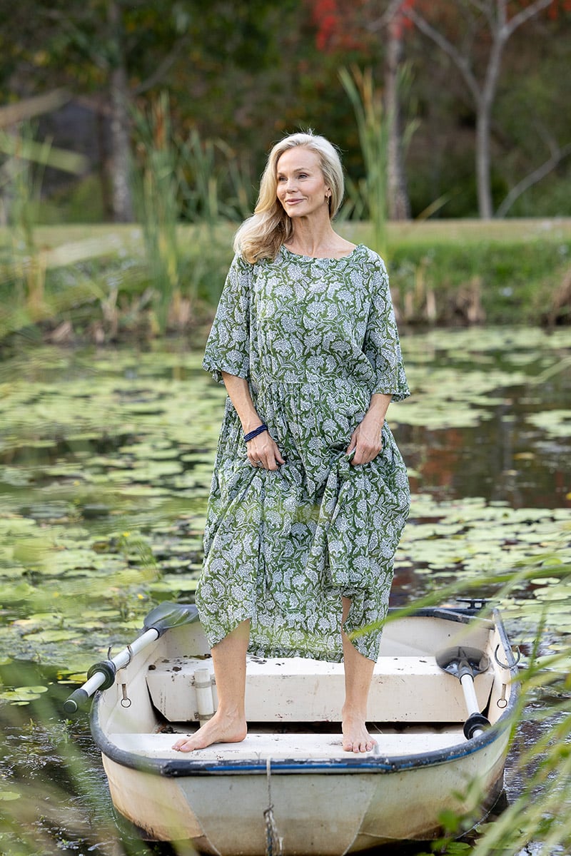 Womens, midi, Clementine dress, 100% Cotton, hand block print. Green Floral - Elowen - Heirloom Collection