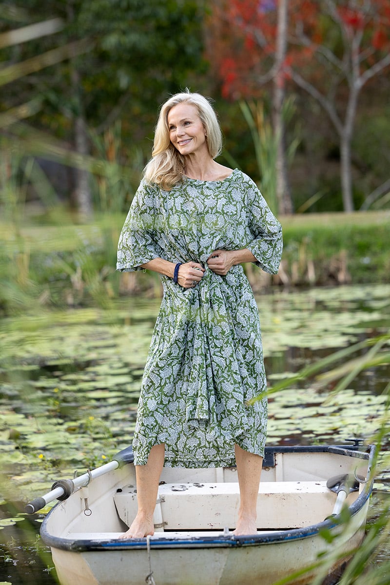 Womens, midi, Clementine dress, 100% Cotton, hand block print. Green Floral - Elowen - Heirloom Collection