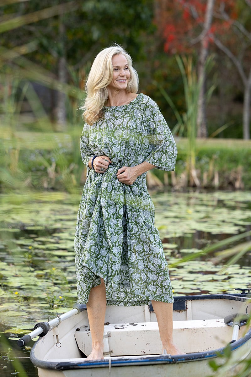 Womens, midi, Clementine dress, 100% Cotton, hand block print. Green Floral - Elowen - Heirloom Collection