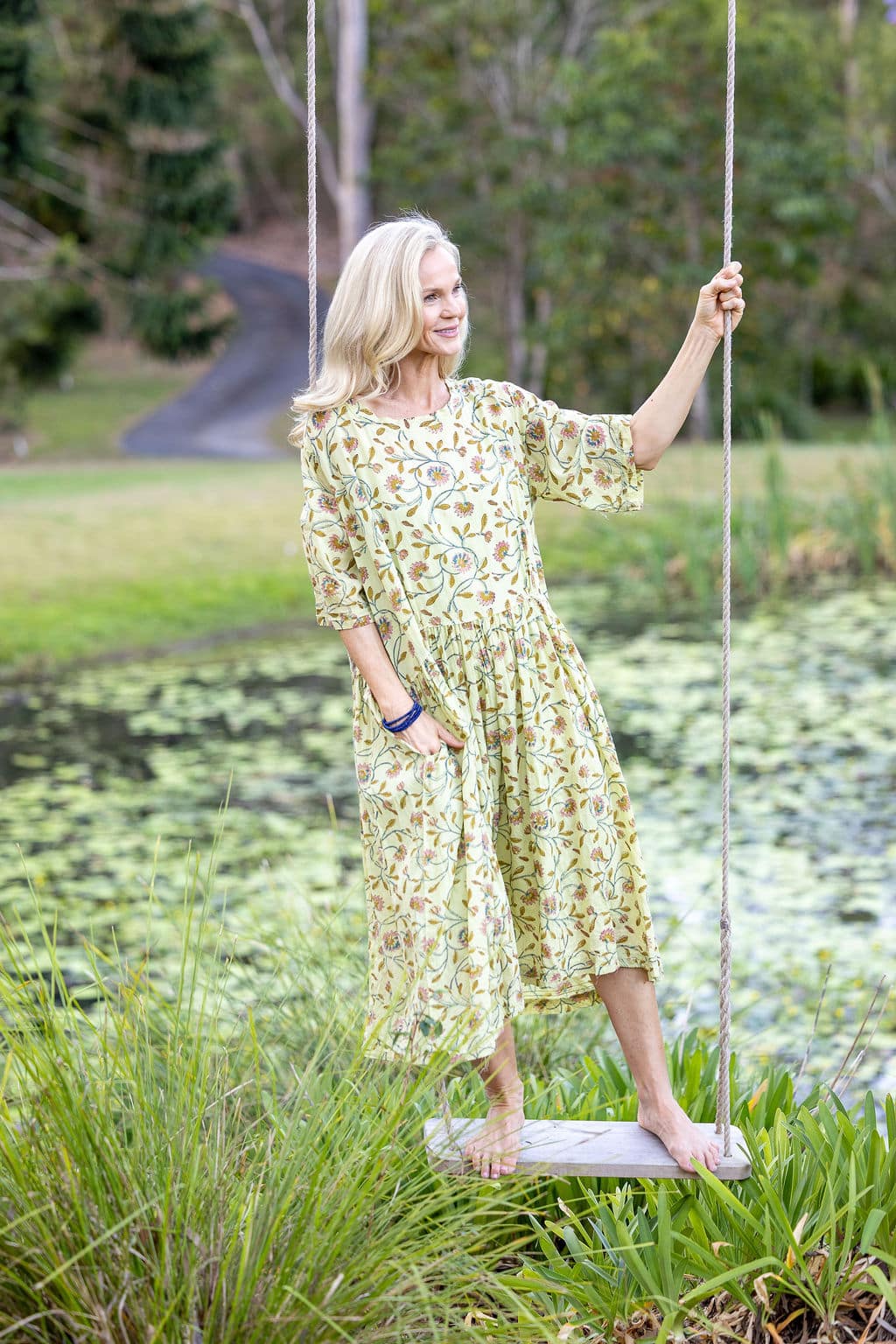 Womens, midi, Clementine Dress, 100% Cotton, hand block print. Vintage floral - Florin - Heirloom Collection