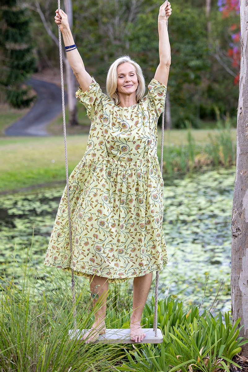 Womens, midi, Clementine Dress, 100% Cotton, hand block print. Vintage floral - Florin - Heirloom Collection