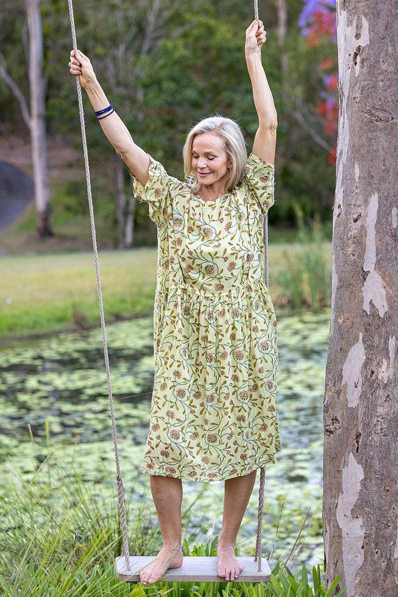 Womens, midi, Clementine Dress, 100% Cotton, hand block print. Vintage floral - Florin - Heirloom Collection