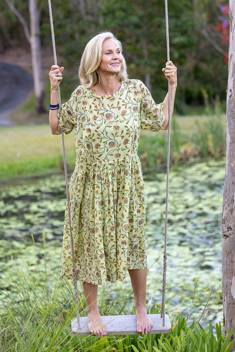 Womens, midi, Clementine Dress, 100% Cotton, hand block print. Vintage floral - Florin - Heirloom Collection