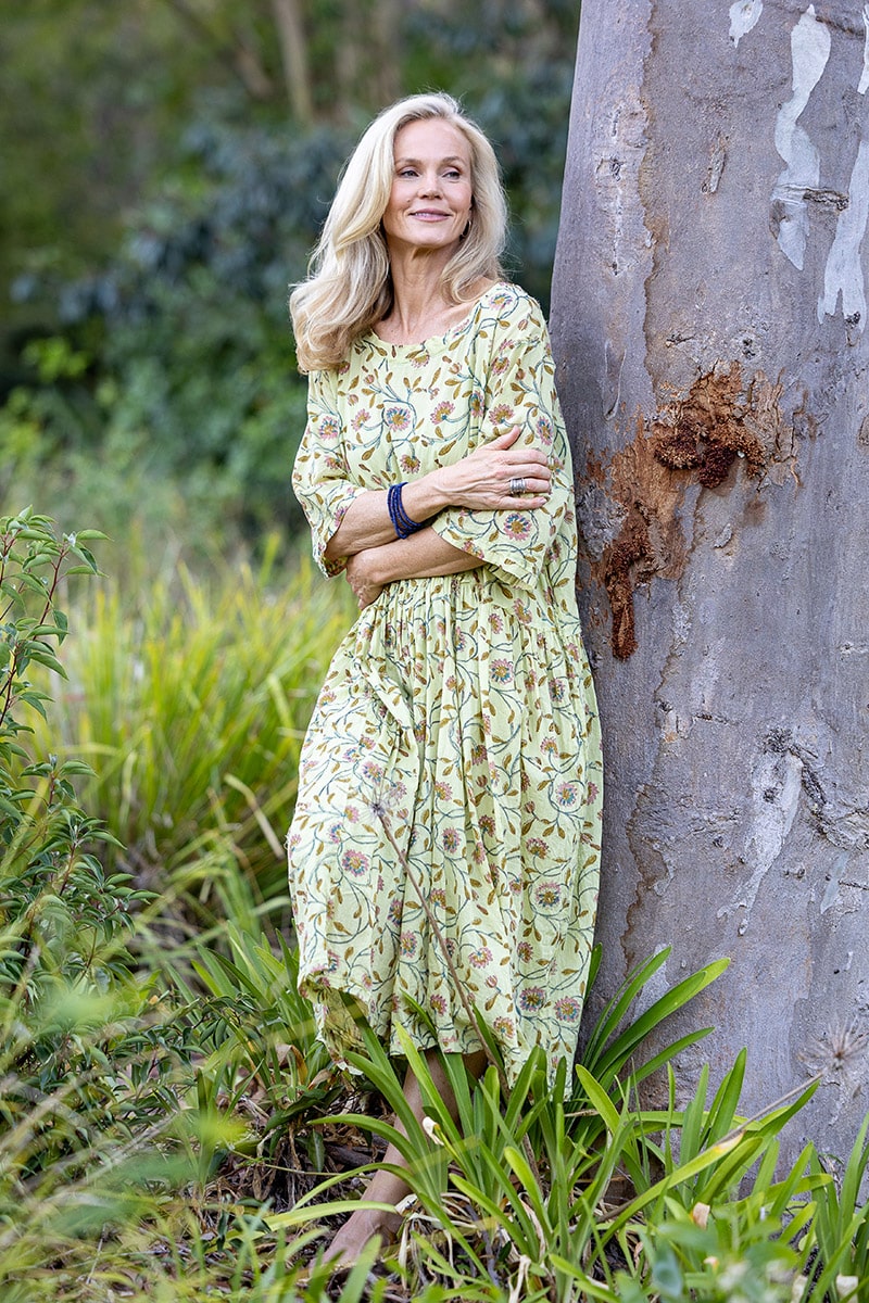 Womens, midi, Clementine Dress, 100% Cotton, hand block print. Vintage floral - Florin - Heirloom Collection