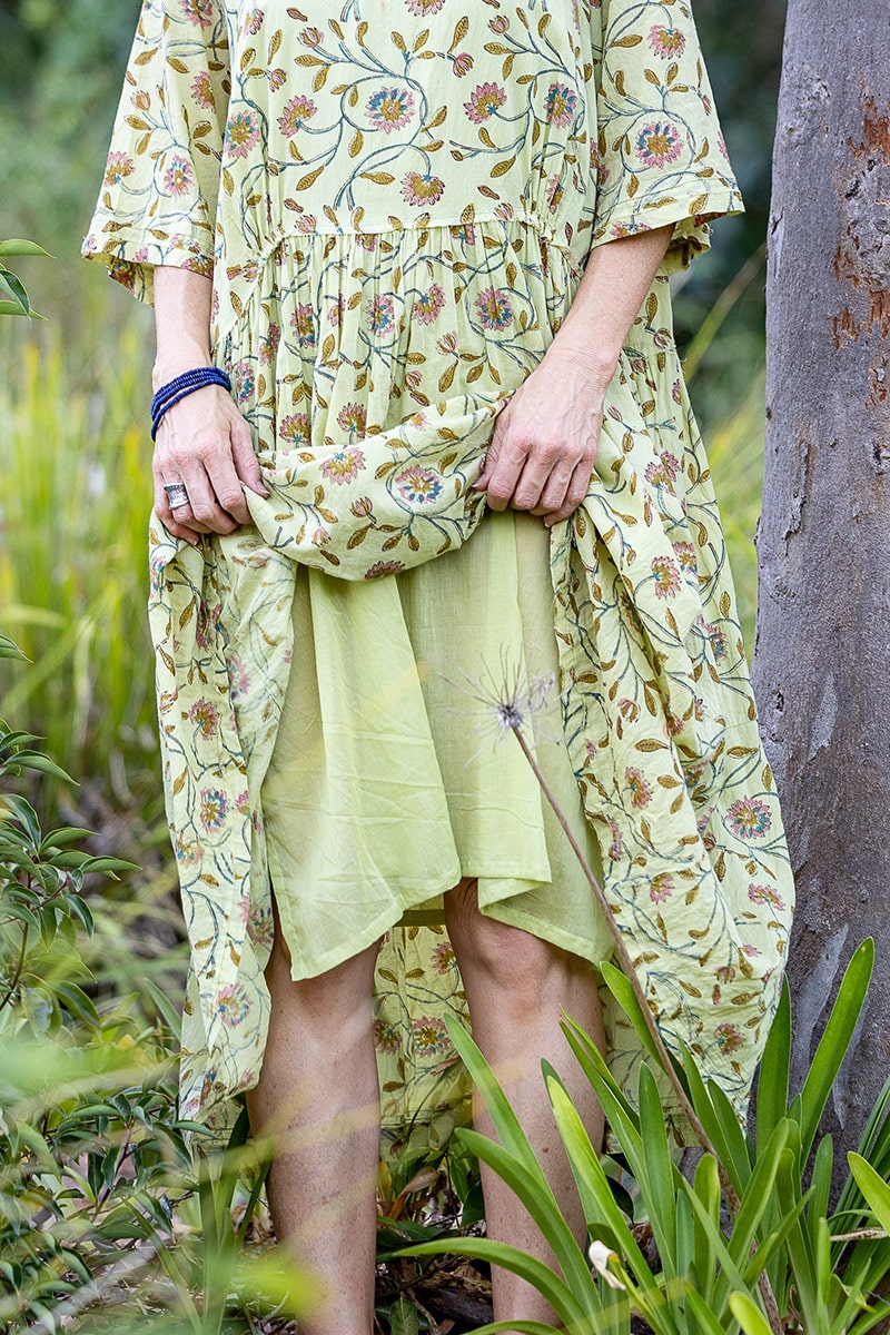 Womens, midi, Clementine Dress, 100% Cotton, hand block print. Vintage floral - Florin - Heirloom Collection