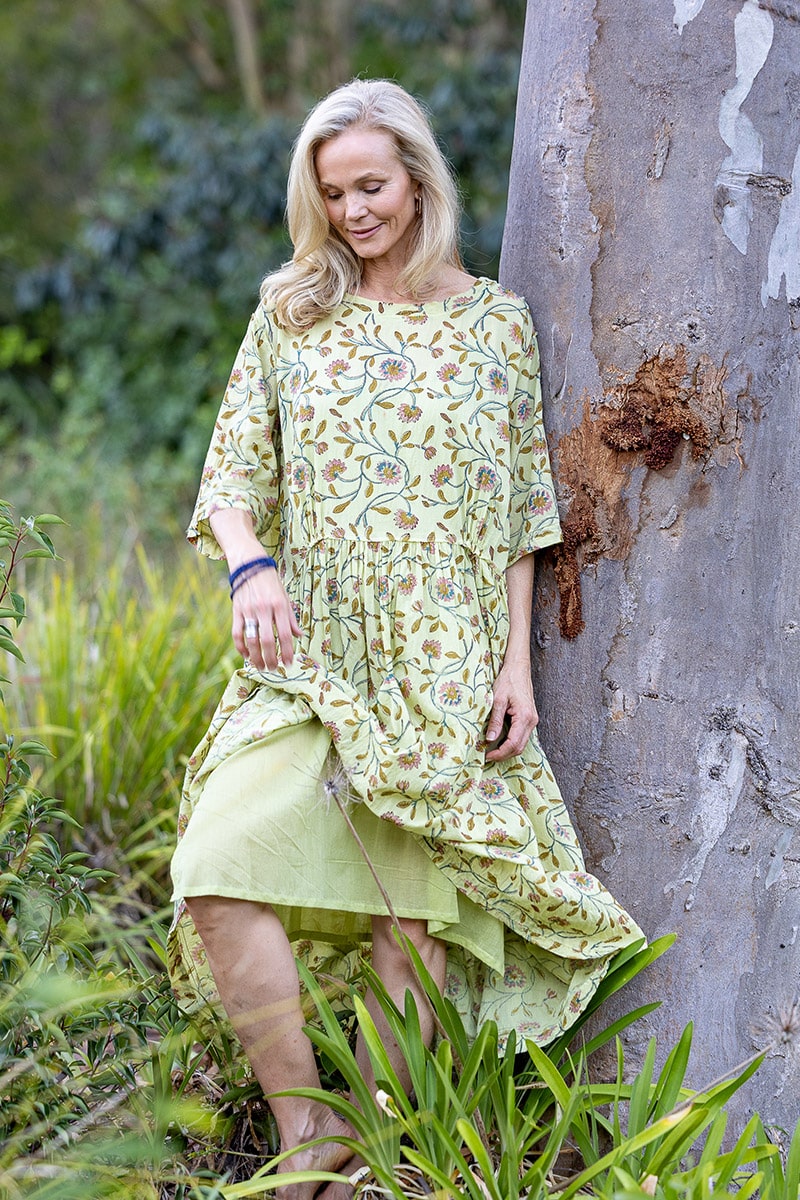 Womens, midi, Clementine Dress, 100% Cotton, hand block print. Vintage floral - Florin - Heirloom Collection