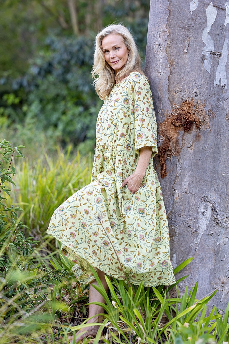 Womens, midi, Clementine Dress, 100% Cotton, hand block print. Vintage floral - Florin - Heirloom Collection
