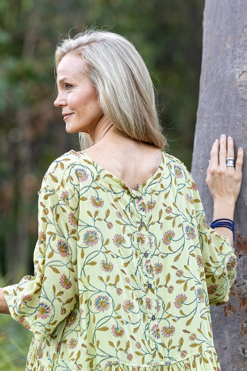 Womens, midi, Clementine Dress, 100% Cotton, hand block print. Vintage floral - Florin - Heirloom Collection