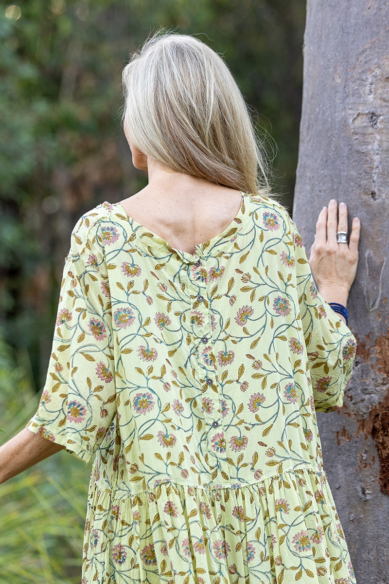 Womens, midi, Clementine Dress, 100% Cotton, hand block print. Vintage floral - Florin - Heirloom Collection