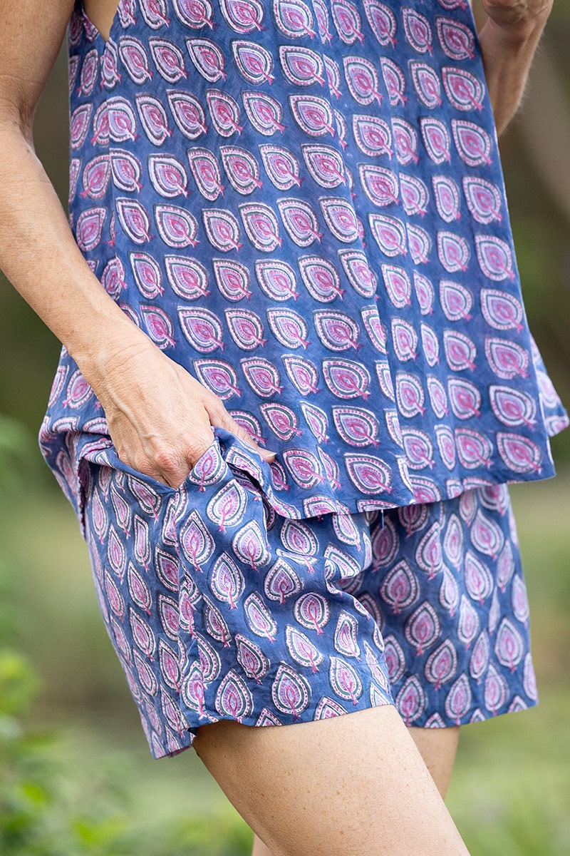 Womens,Luma Set, Shorts and Top. 100% cotton, hand block print. In Lavender Pink - Anjali print.