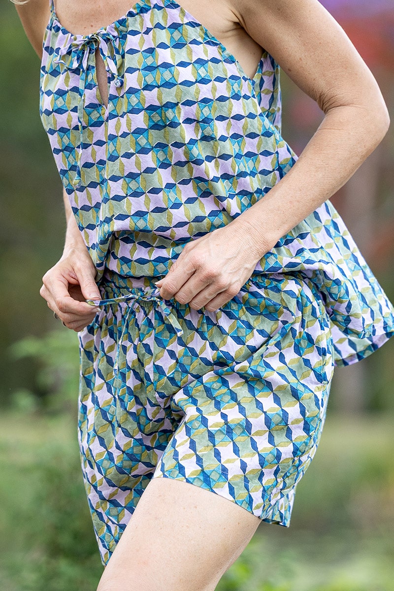 Womens,Luma Set, Shorts and Top. 100% cotton, hand block print. In Soft geometry - Liora print.