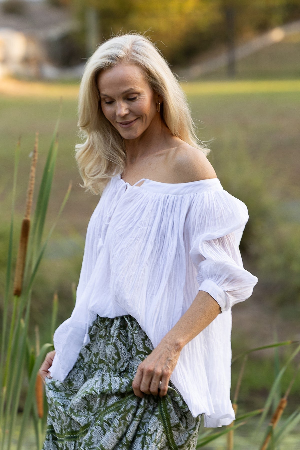Womens, Dove blouse, 7/8 blouson sleeve, 100% cotton. Pure, Serene - White