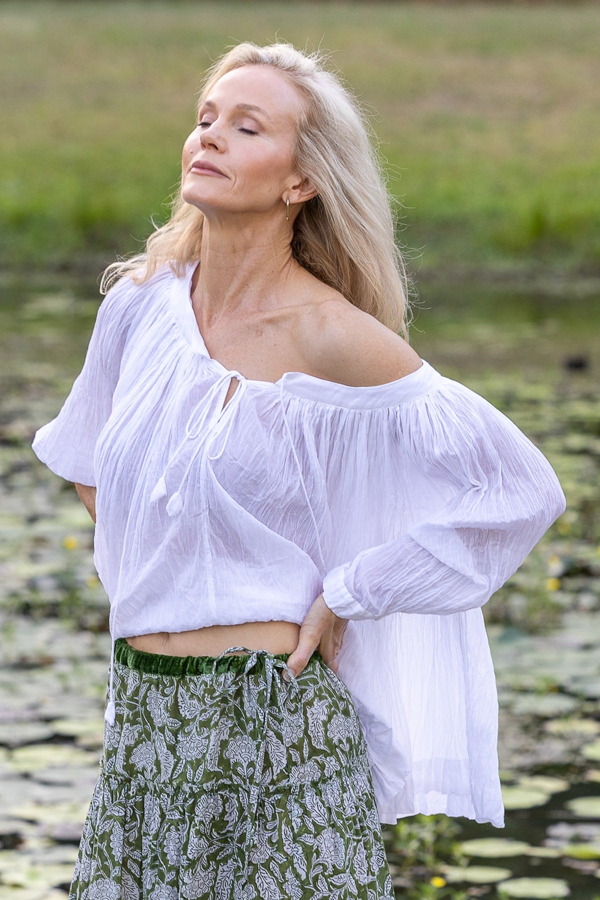 Womens, Dove blouse, 7/8 blouson sleeve, 100% cotton. Pure, Serene - White