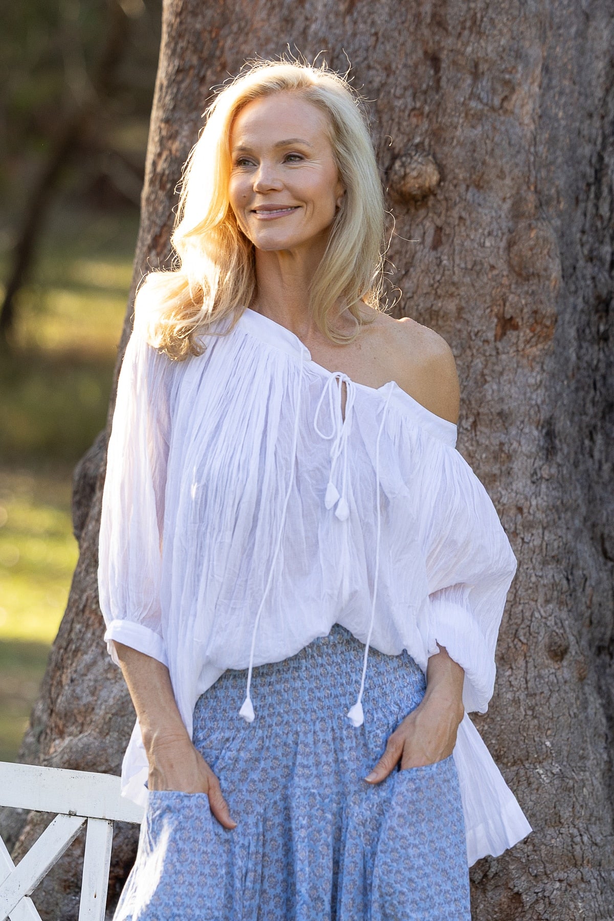 Womens, Dove blouse, 7/8 blouson sleeve, 100% cotton. Pure, Serene - White