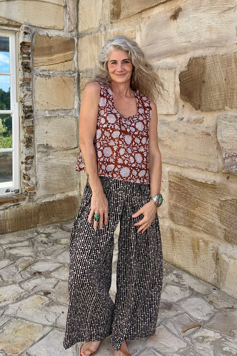 Womens, Lola blouse, sleevesless, & Apanna Pants, 100% cotton, hand block print. In Nutmeg & Stella