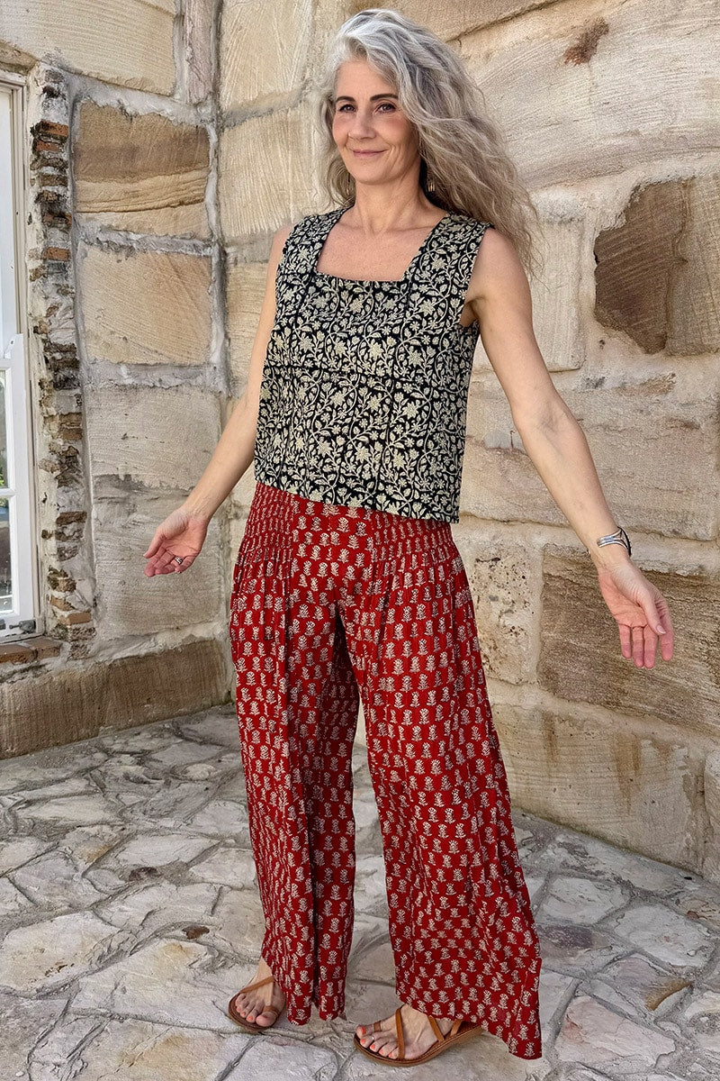 Womens, Apanna Pants, 100% cotton, hand block prints, in natural Natural Red - Henna Floret