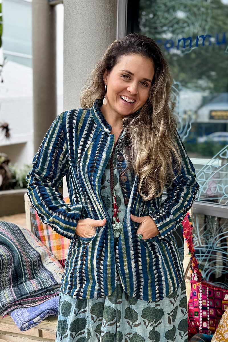 Womens, Tilbra Jacket, long sleeve, 100% cotton corduroy, hand block print. In natural earthy forest tones. Lazulite