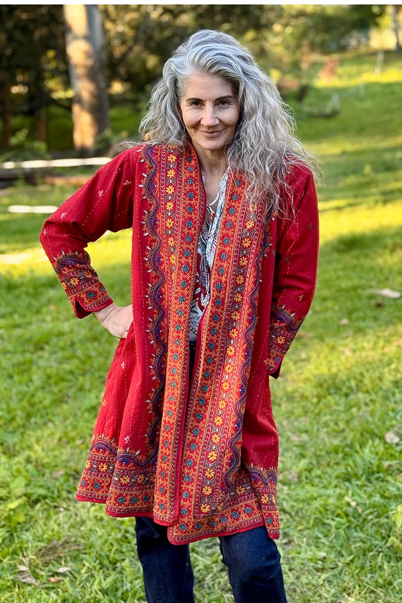 Womens Persian Luxe Coat, hand embroidered, red cranberry