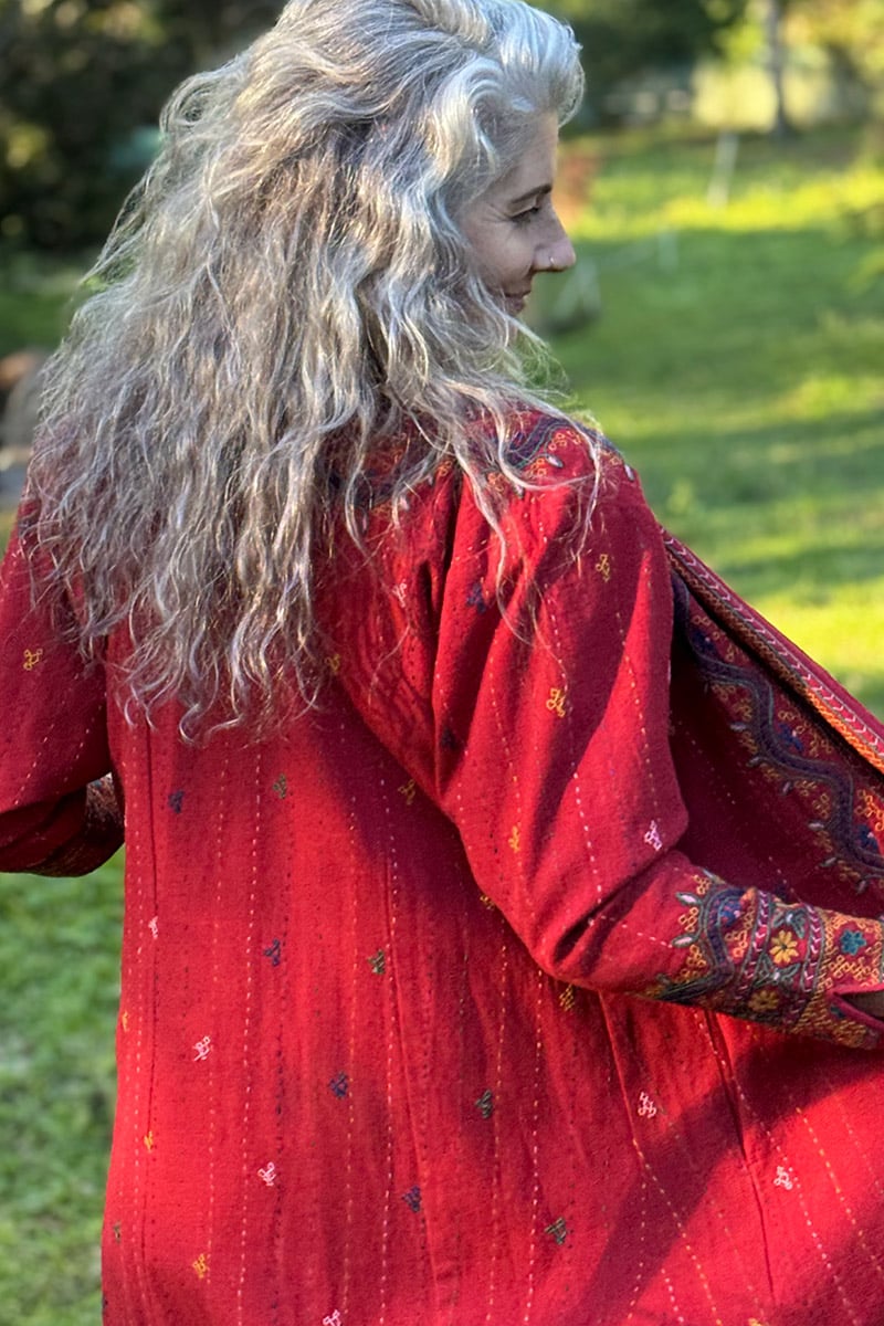 Womens Persian Luxe Coat, hand embroidered, red cranberry