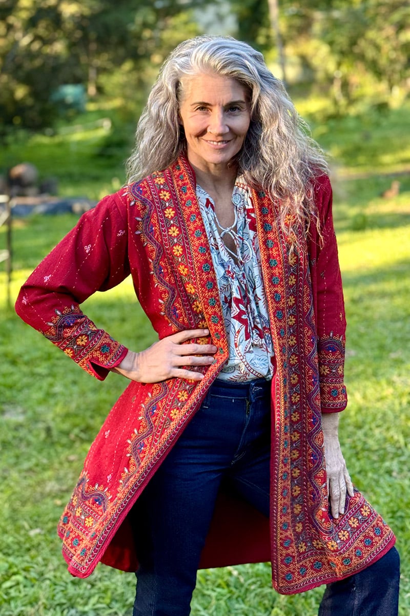 Womens Persian Luxe Coat, hand embroidered, red cranberry
