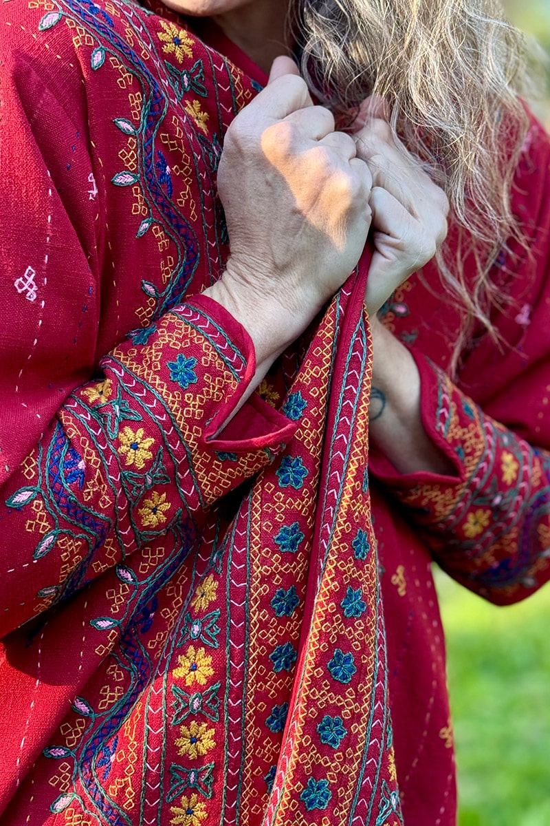 Womens Persian Luxe Coat, hand embroidered, red cranberry