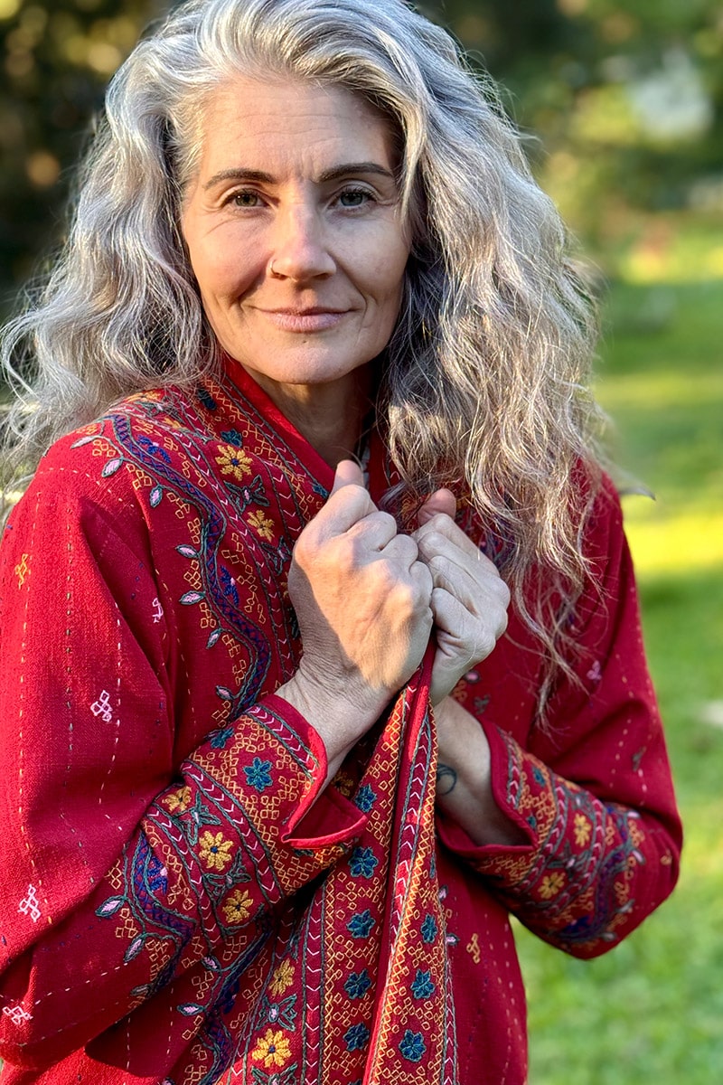 Womens Persian Luxe Coat, hand embroidered, red cranberry