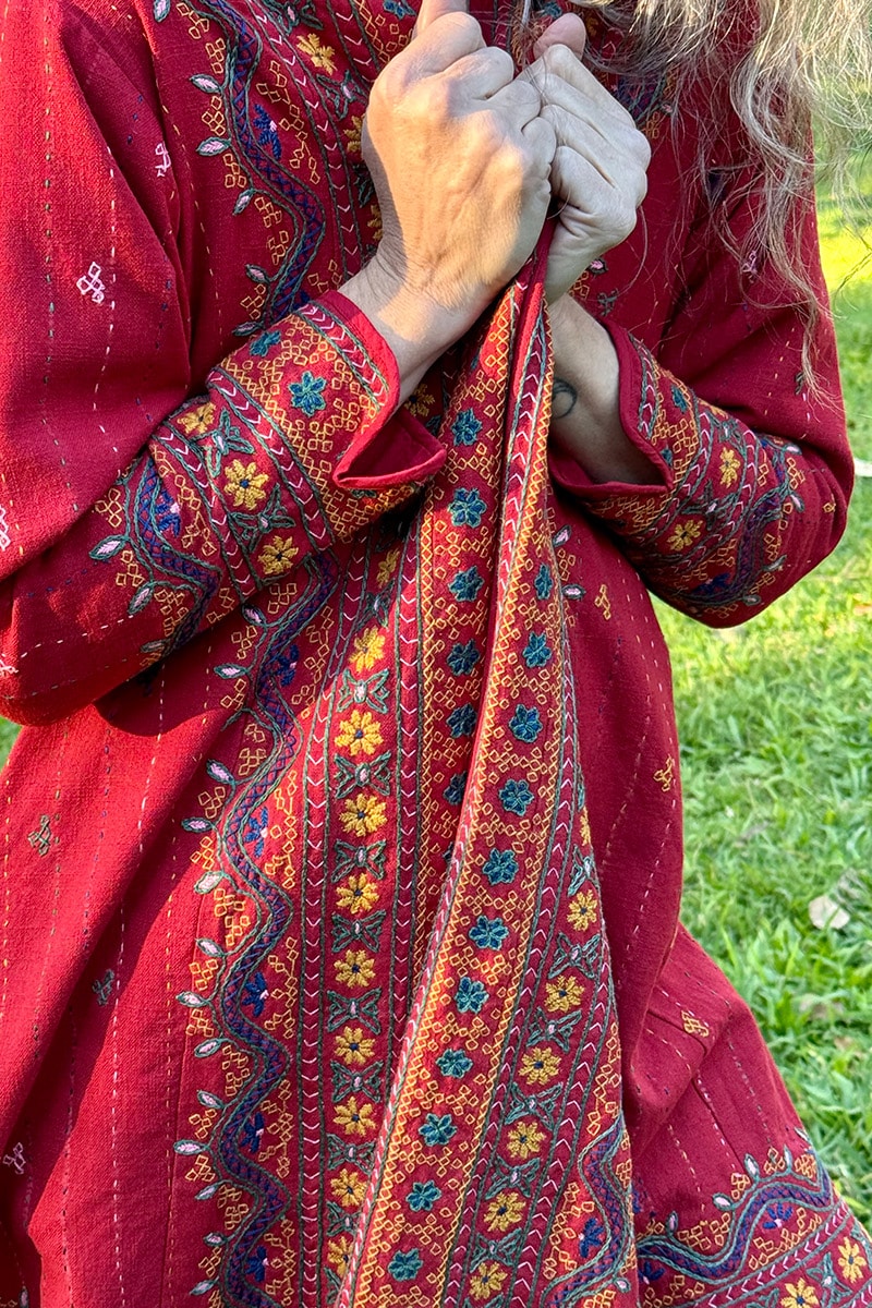 Womens Persian Luxe Coat, hand embroidered, red cranberry