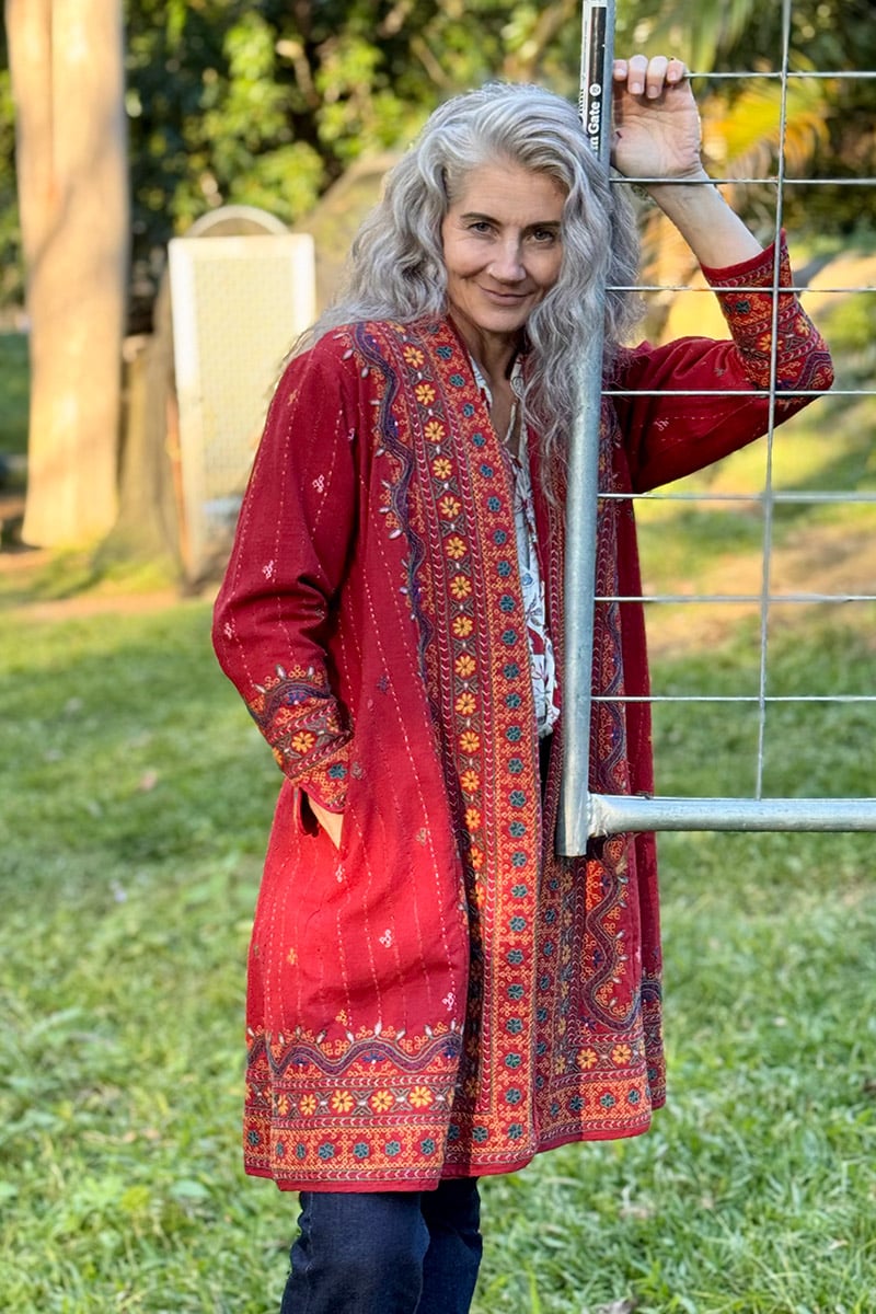Womens Persian Luxe Coat, hand embroidered, red cranberry