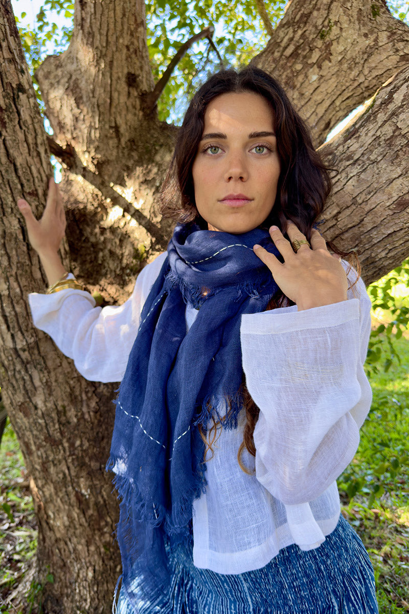 Wild Hearts Linen Scarf - Navy