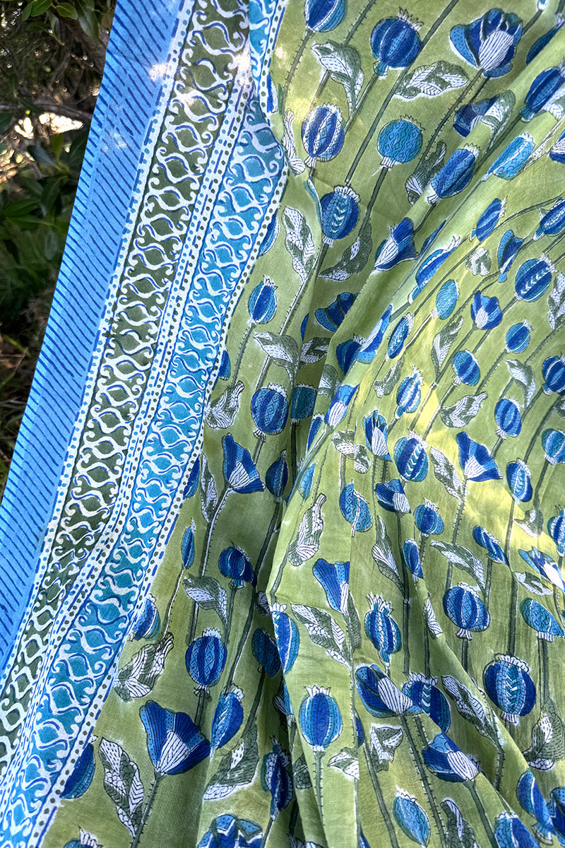 Sarong, 100% Cotton, hand block print. In Summer Green - Verde.