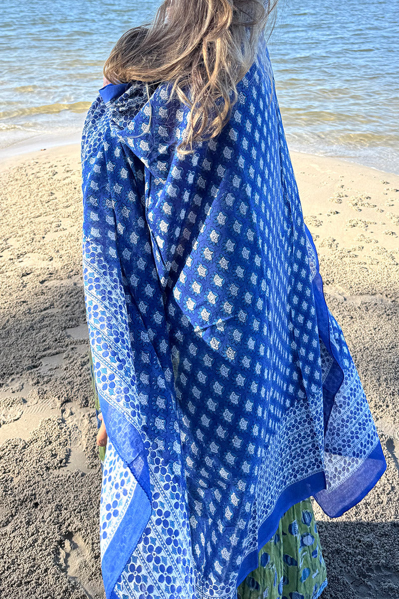 Sarong, 100% Cotton, hand block print. Vibrant blue - Bluebell