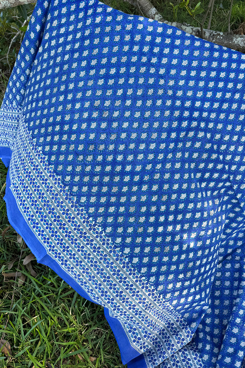 Sarong, 100% Cotton, hand block print. Vibrant blue - Bluebell