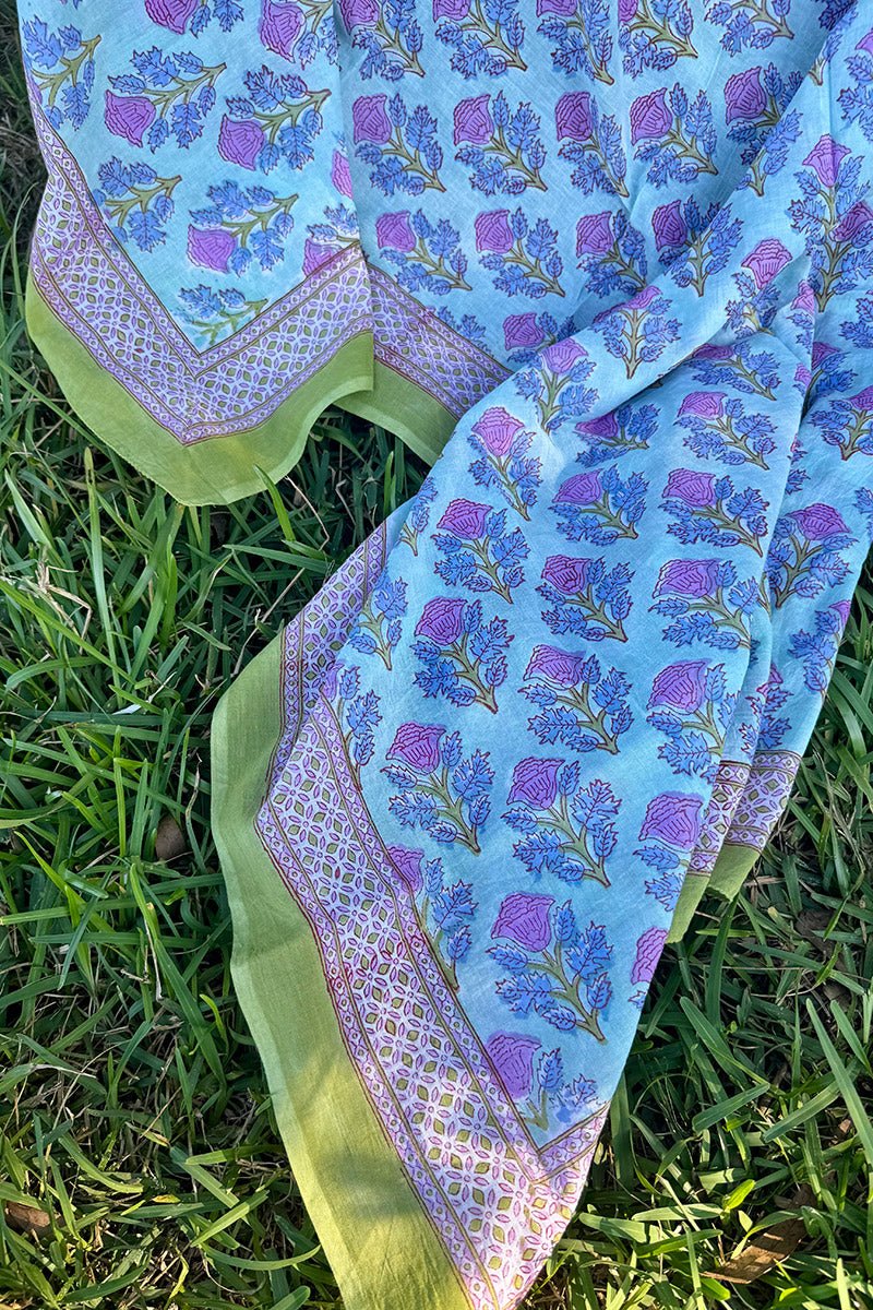 Sarong, 100% Cotton, hand block print. In soft Mist Flower print.