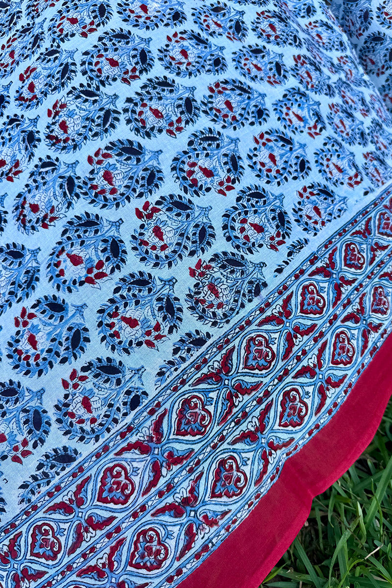 Sarong, 100% Cotton, hand block print. In saphire blue with a pop of red - Saphira