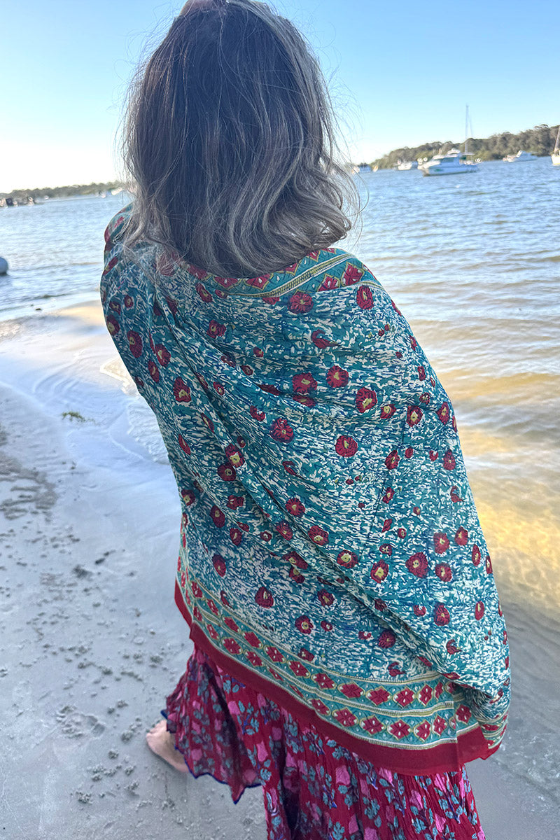 Sarong, 100% Cotton, hand block print. Blue with pops of red - Allegra
