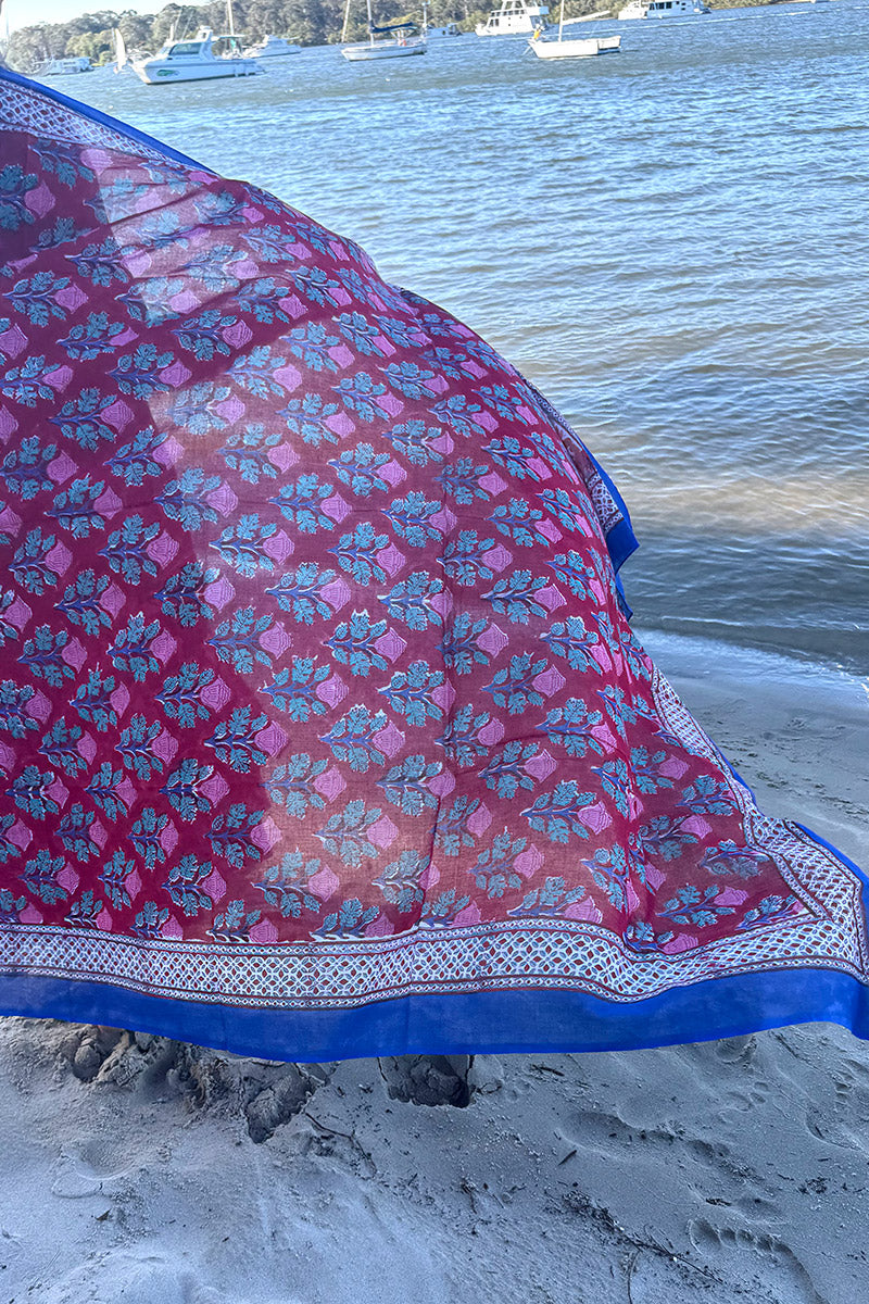 Sarong, 100% Cotton, hand block print. Pink & Red - Ruby Veda