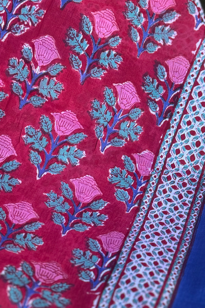 Sarong, 100% Cotton, hand block print. Pink & Red - Ruby Veda