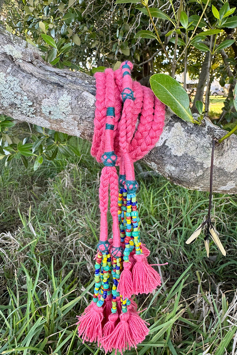 Woven and beaded belt - Coral