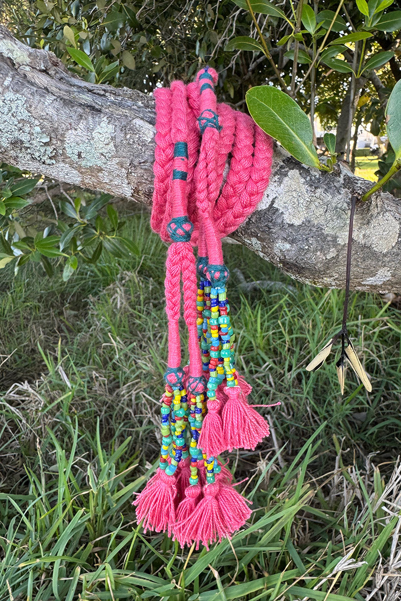 Woven and beaded belt - Coral